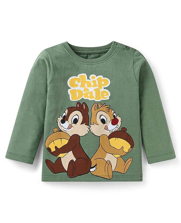 Babyhug Disney Single Jersey Full Sleeves T-Shirt With Lounge Pant Set with Chip N Dale Print - Olive Green