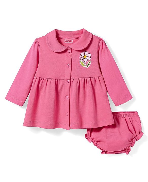 Babyhug Cotton Knit Full Sleeves Floral Printed Frock With Bloomer - Dark Pink