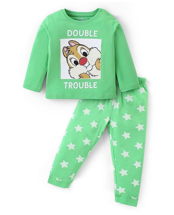 Babyhug Disney Cotton Knit Full Sleeves Night Suit With Chip n Dale Graphics - Light Green