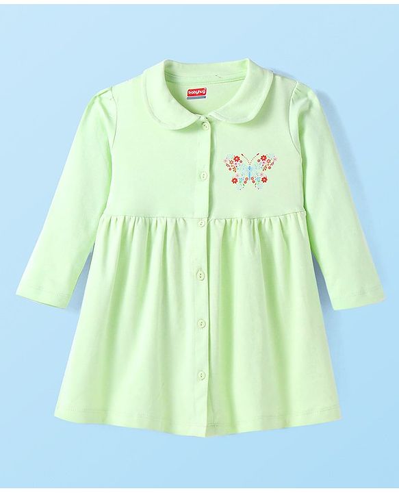 Babyhug Cotton Knit Full Sleeves Peter Pan Collared Frock With Bloomer & Floral Butterfly Print - Light Green