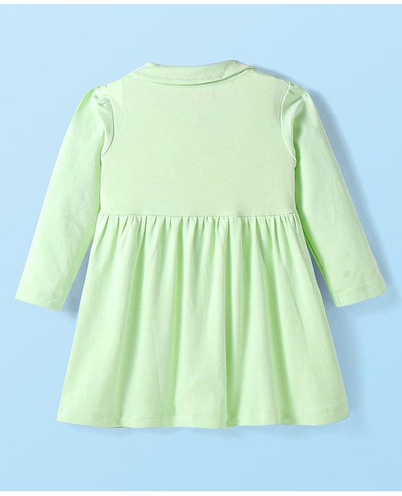Babyhug Cotton Knit Full Sleeves Peter Pan Collared Frock With Bloomer & Floral Butterfly Print - Light Green