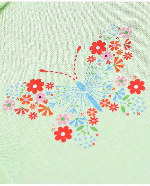 Babyhug Cotton Knit Full Sleeves Peter Pan Collared Frock With Bloomer & Floral Butterfly Print - Light Green