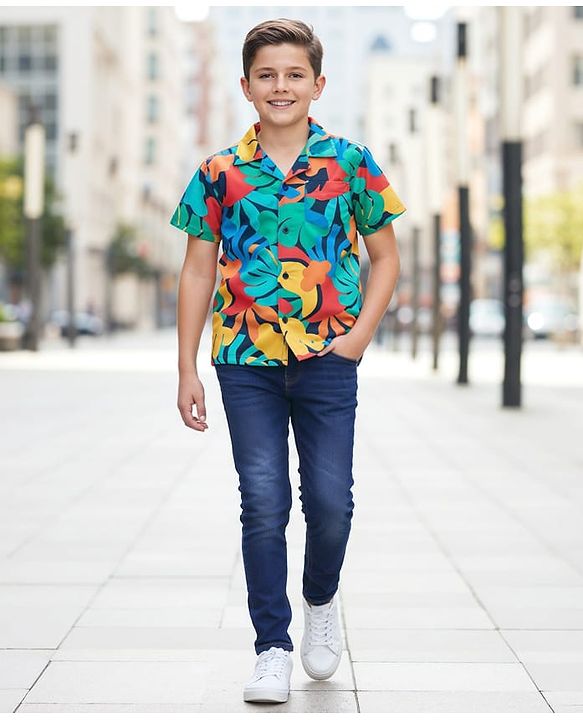 Pine Kids Knit Half Sleeves Shirt with Jeans Floral Print - Red & Navy Blue