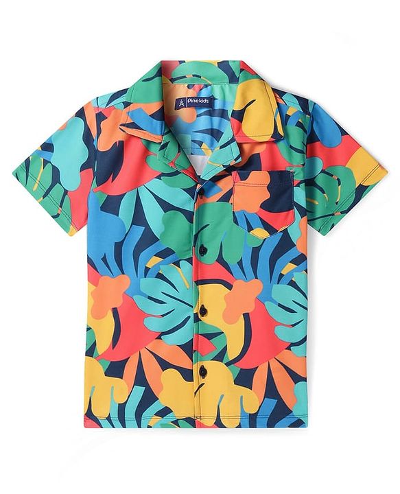 Pine Kids Knit Half Sleeves Shirt with Jeans Floral Print - Red & Navy Blue