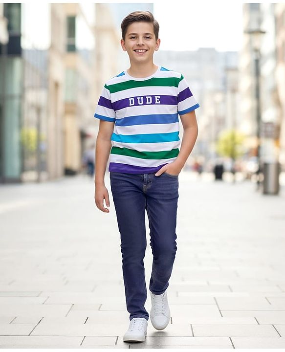 Pine Kids Half Sleeves Striped T-Shirt & Jeans Set - White & Blue
