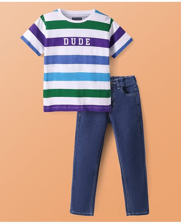 Pine Kids Half Sleeves Striped T-Shirt & Jeans Set - White & Blue