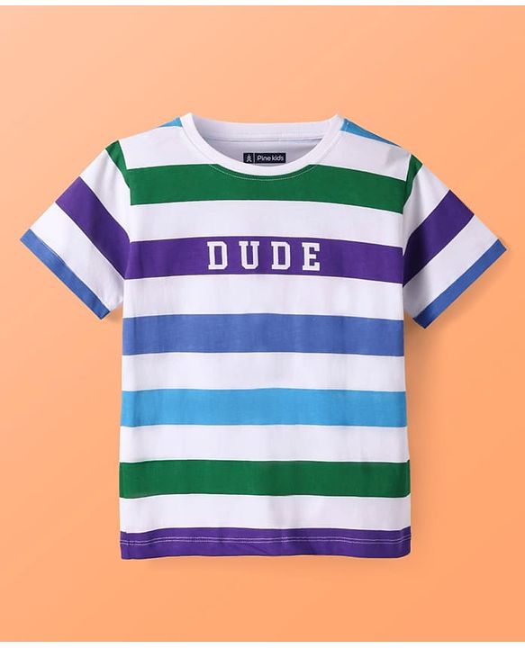 Pine Kids Half Sleeves Striped T-Shirt & Jeans Set - White & Blue