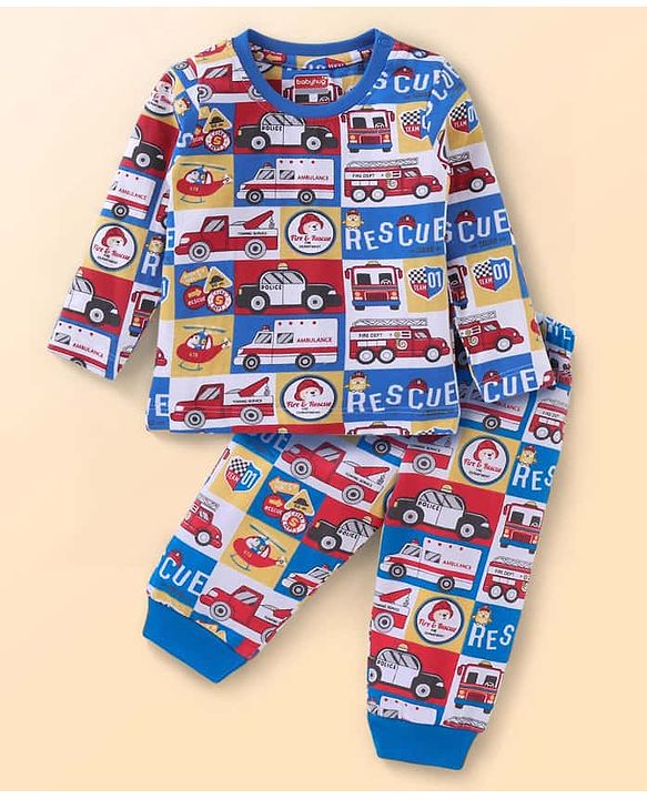 Babyhug Cotton Knit Full Sleeves Night Suit With Vehicles Print - Blue