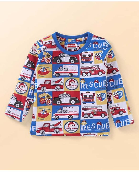 Babyhug Cotton Knit Full Sleeves Night Suit With Vehicles Print - Blue