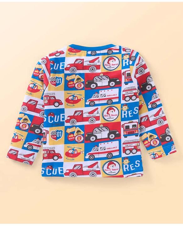 Babyhug Cotton Knit Full Sleeves Night Suit With Vehicles Print - Blue