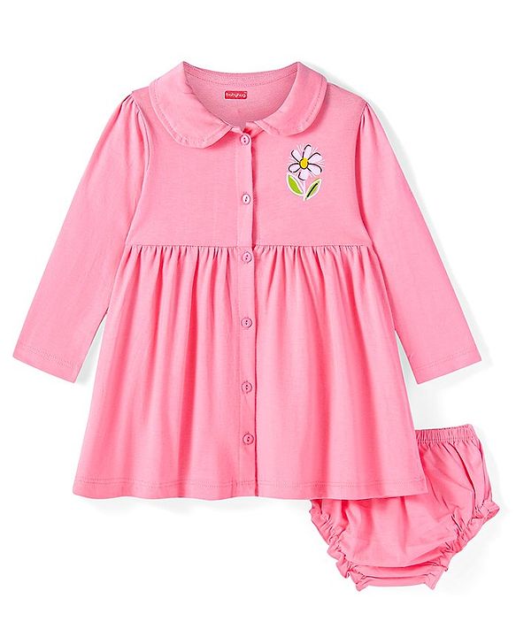 Babyhug Cotton Knit Full Sleeves Floral Printed Frock with Bloomer - Pink