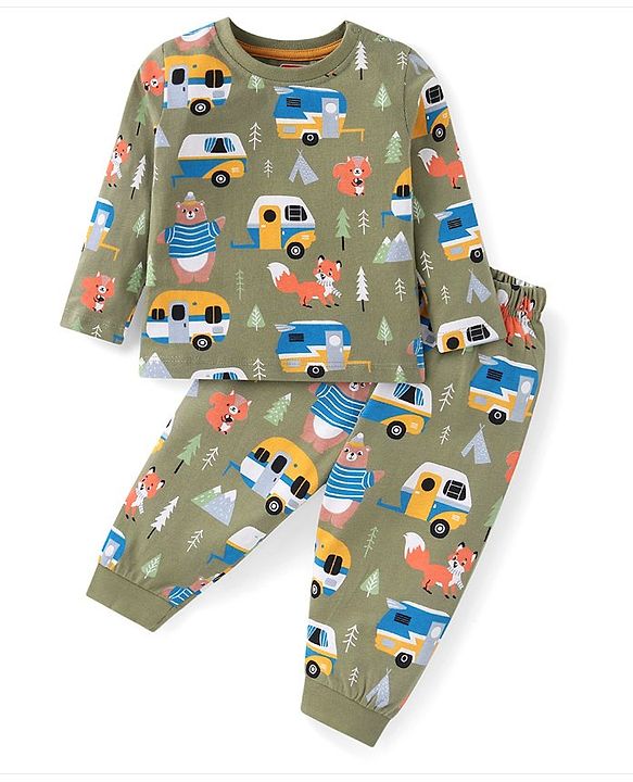 Babyhug Cotton Knit Full Sleeves Night Suit With Vehicles Print - Blue