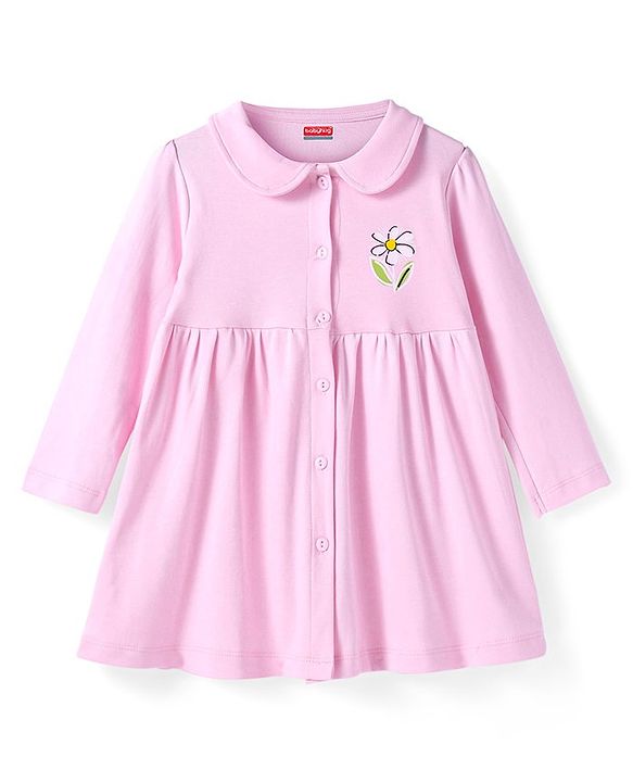Babyhug Cotton Knit Full Sleeves Peter Pan Collared Frock with  Bloomer & Floral Print - Pink