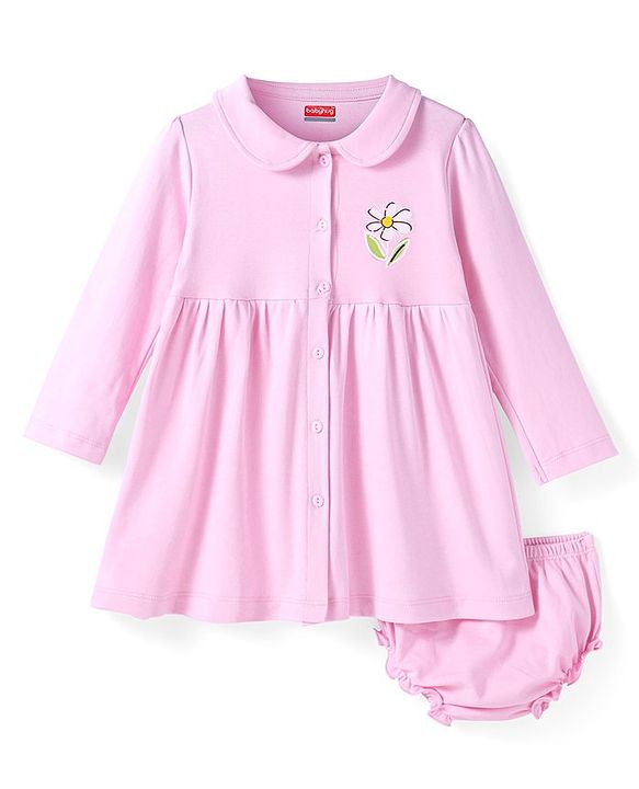 Babyhug Cotton Knit Full Sleeves Peter Pan Collared Frock with  Bloomer & Floral Print - Pink