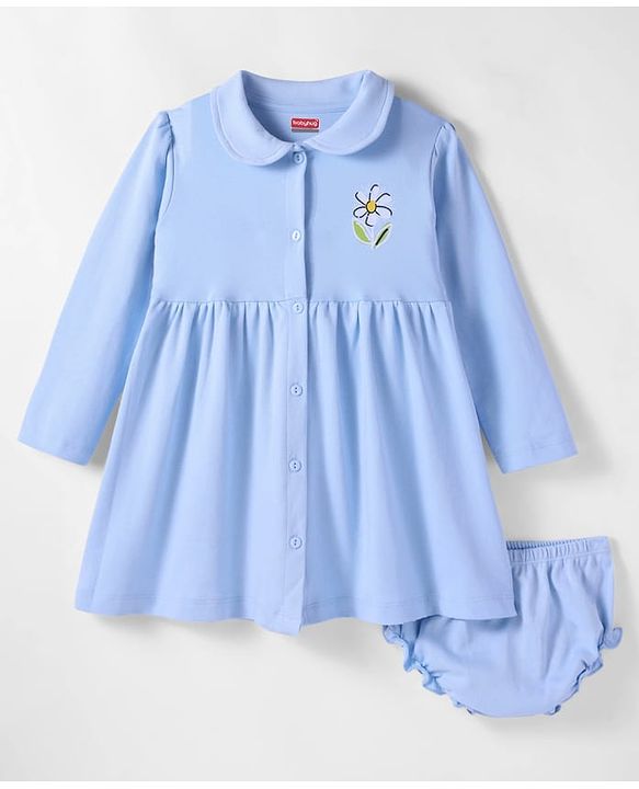 Babyhug Cotton Knit Full Sleeves Floral Printed Frock With Bloomer - Light Blue