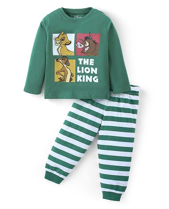 Babyhug Disney Single Jersey Knit Full Sleeves Night Suit with Simba & Friends Graphics - Green