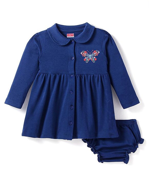 Babyhug Cotton Knit Full Sleeves Peter Pan Collared Frock With Floral Butterfly Print & Bloomer - Navy