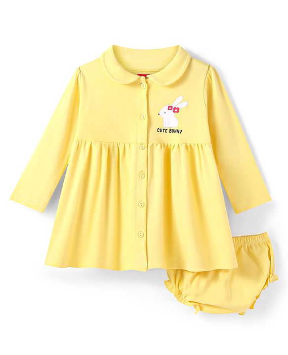 Babyhug Cotton Knit Full Sleeves Solid Peter Pan Collared Frock with Bloomer & Bunny Print - Yellow