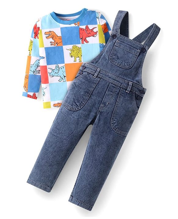 Babyhug Single Jersey Knit Full Sleeves Dino Printed T-Shirt & Dungaree - Light Blue