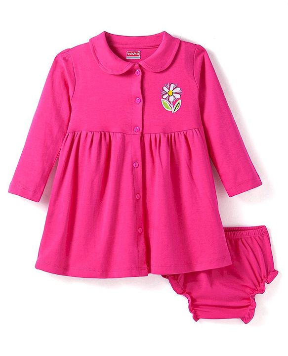 Babyhug Cotton Knit Full Sleeves Peter Pan Collared Frock With Floral Print & Bloomer - Dark Pink