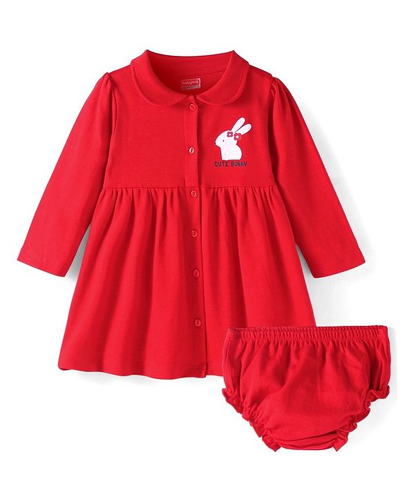 Babyhug Cotton Knit Full Sleeves Peter Pan Collared Front Open Frock & Bloomer with Bunny Print - Red