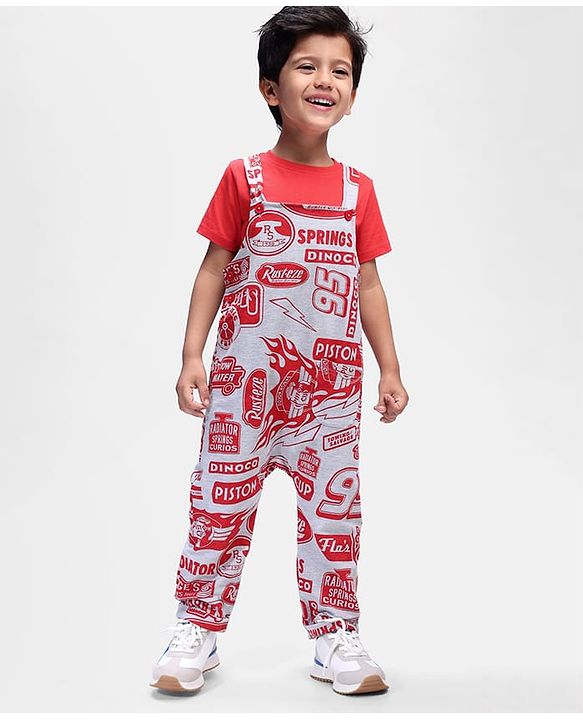 Babyhug Disney Single Jersey Knit Half Sleeves T-Shirt & Dungaree Set With Cars Print - Red & Grey