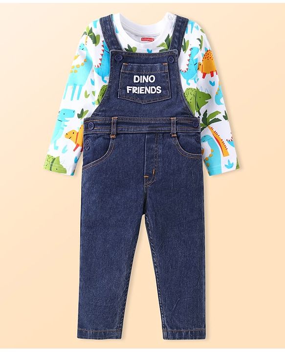 Babyhug Single Jersey Woven Dungaree with Full Sleeves Dino Printed T-Shirt - Navy Blue