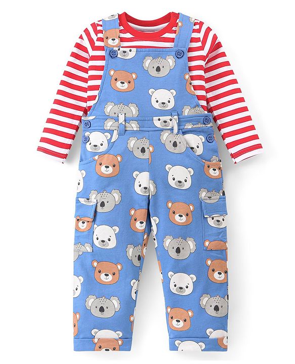 Babyhug Single Jersey Knit Dungaree and Full  Sleeves Striped T-Shirt Set with Bear Print - Red & Blue