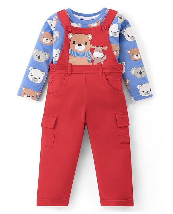 Babyhug Single Jersey Knit Dungaree and Full  Sleeves T-Shirt Set with Bear Print - Red & Blue