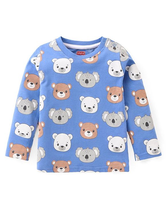 Babyhug Single Jersey Knit Dungaree and Full  Sleeves T-Shirt Set with Bear Print - Red & Blue