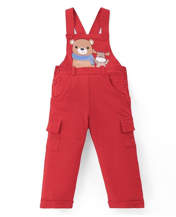 Babyhug Single Jersey Knit Dungaree and Full  Sleeves T-Shirt Set with Bear Print - Red & Blue