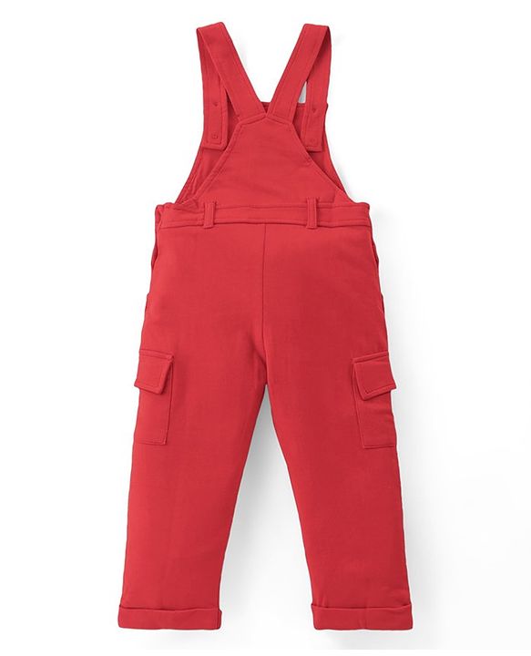 Babyhug Single Jersey Knit Dungaree and Full  Sleeves T-Shirt Set with Bear Print - Red & Blue