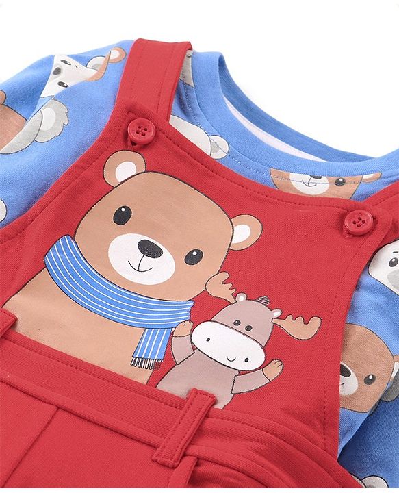 Babyhug Single Jersey Knit Dungaree and Full  Sleeves T-Shirt Set with Bear Print - Red & Blue