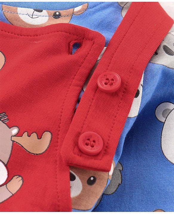 Babyhug Single Jersey Knit Dungaree and Full  Sleeves T-Shirt Set with Bear Print - Red & Blue