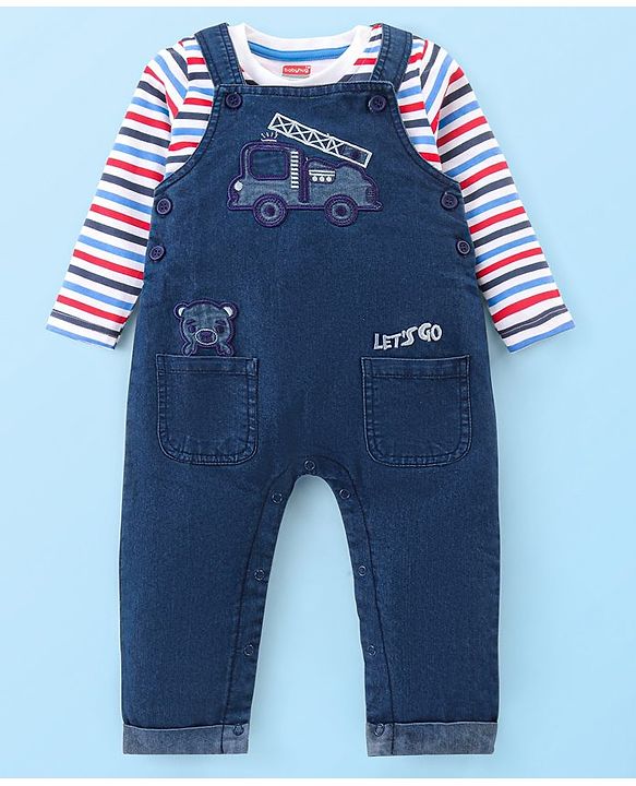 Babyhug Single Jersey Woven Dungaree and Full Sleeves Striped T-Shirt Set with Bear Applique - Blue Red & White