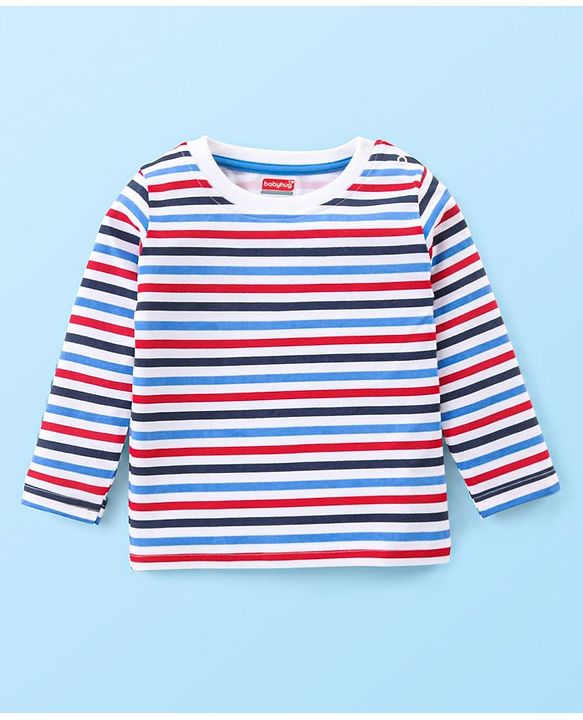 Babyhug Single Jersey Woven Dungaree and Full Sleeves Striped T-Shirt Set with Bear Applique - Blue Red & White