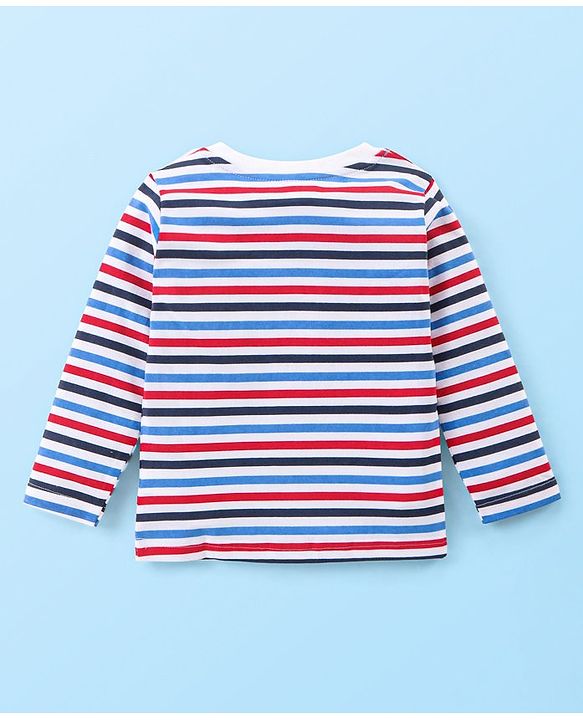 Babyhug Single Jersey Woven Dungaree and Full Sleeves Striped T-Shirt Set with Bear Applique - Blue Red & White