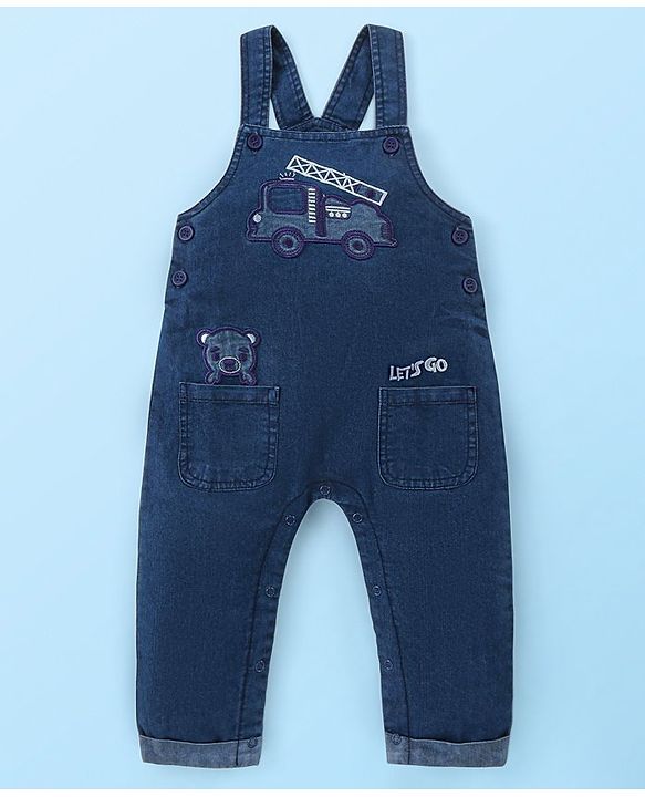 Babyhug Single Jersey Woven Dungaree and Full Sleeves Striped T-Shirt Set with Bear Applique - Blue Red & White