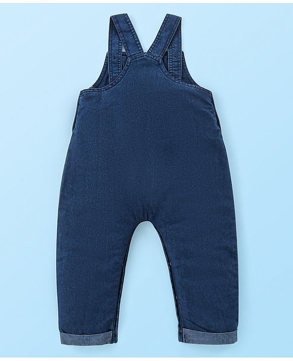 Babyhug Single Jersey Woven Dungaree and Full Sleeves Striped T-Shirt Set with Bear Applique - Blue Red & White