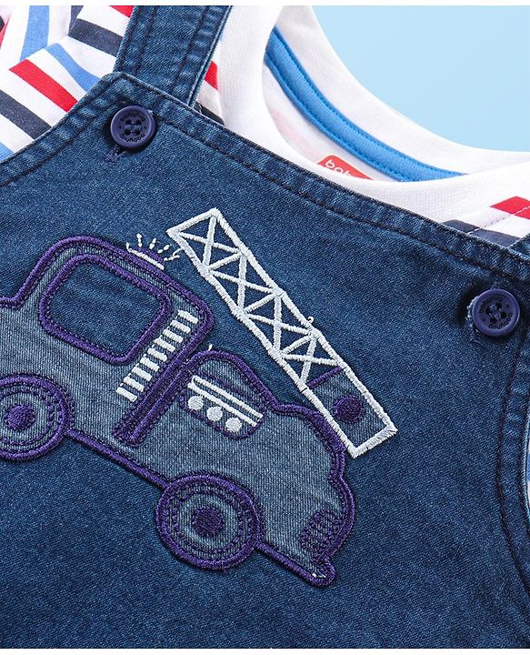 Babyhug Single Jersey Woven Dungaree and Full Sleeves Striped T-Shirt Set with Bear Applique - Blue Red & White