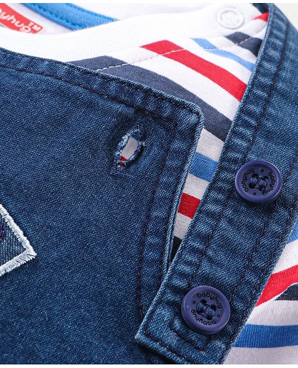 Babyhug Single Jersey Woven Dungaree and Full Sleeves Striped T-Shirt Set with Bear Applique - Blue Red & White