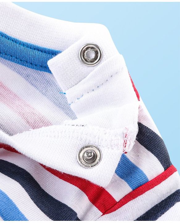 Babyhug Single Jersey Woven Dungaree and Full Sleeves Striped T-Shirt Set with Bear Applique - Blue Red & White