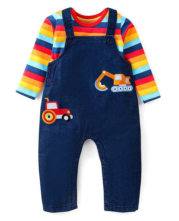 Babyhug Single Jersey Woven Dungaree with Vehicle Embroidery & Striped Full Sleeves T-Shirt - Navy Blue