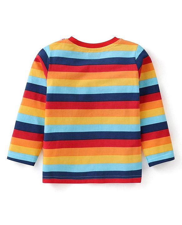 Babyhug Single Jersey Woven Dungaree with Vehicle Embroidery & Striped Full Sleeves T-Shirt - Navy Blue