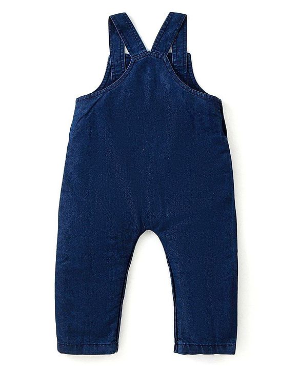 Babyhug Single Jersey Woven Dungaree with Vehicle Embroidery & Striped Full Sleeves T-Shirt - Navy Blue