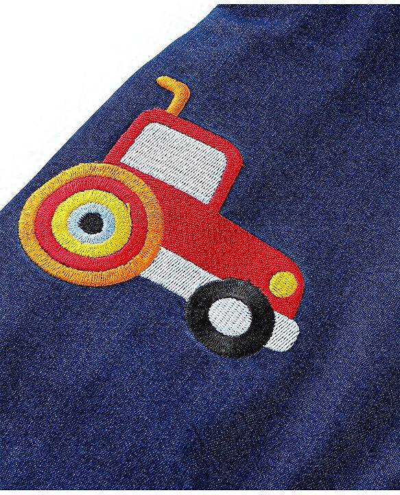 Babyhug Single Jersey Woven Dungaree with Vehicle Embroidery & Striped Full Sleeves T-Shirt - Navy Blue