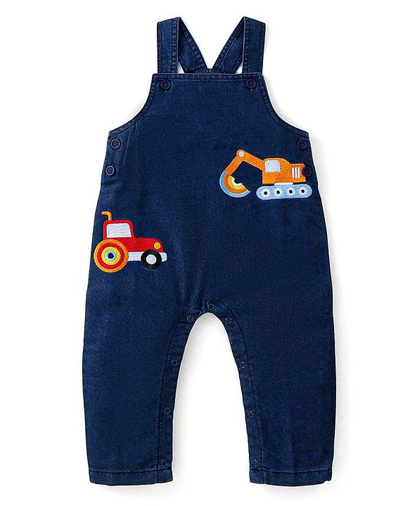 Babyhug Single Jersey Woven Dungaree with Vehicle Embroidery & Striped Full Sleeves T-Shirt - Navy Blue