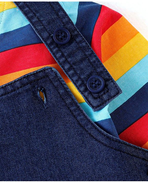 Babyhug Single Jersey Woven Dungaree with Vehicle Embroidery & Striped Full Sleeves T-Shirt - Navy Blue