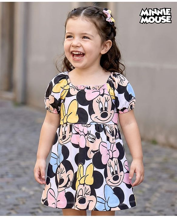 Babyhug Disney Interlock Knit Half Sleeves Frock With Minnie Mouse Graphics - White