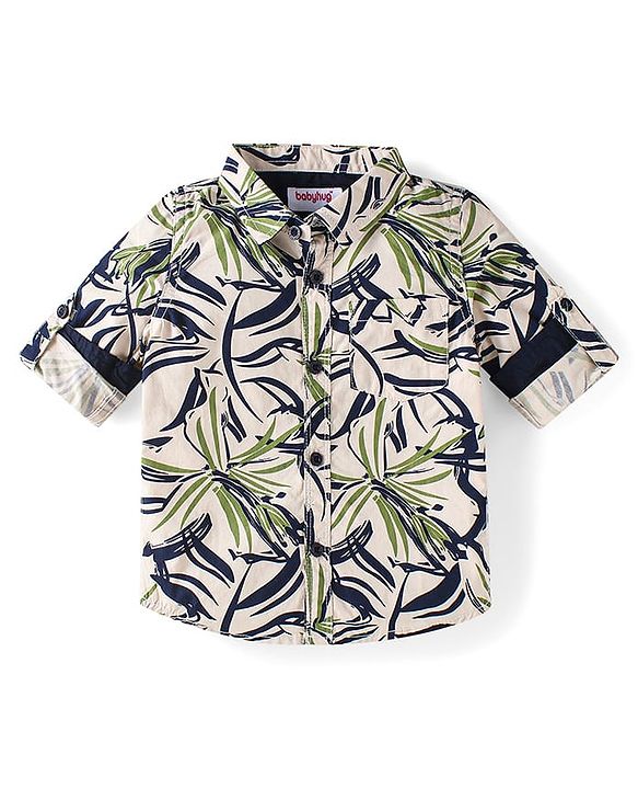 Babyhug Cotton Woven Full Sleeves Shirt & Trouser Set With Tropical Theme Print - Olive Green